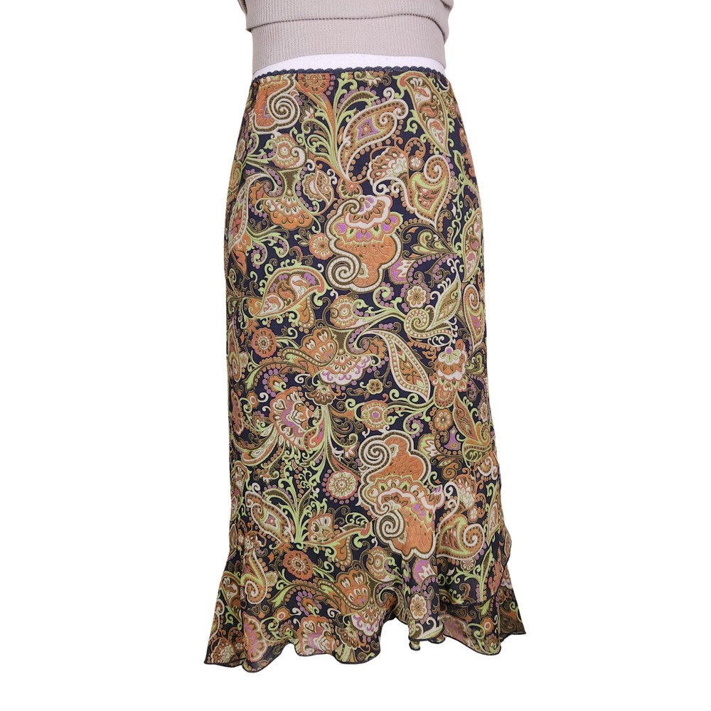 Sigrid Olsen Paisley Midi Skirt Size 16 Brown‎ Bias Cut Ruffle 90s Y2K Chiffon